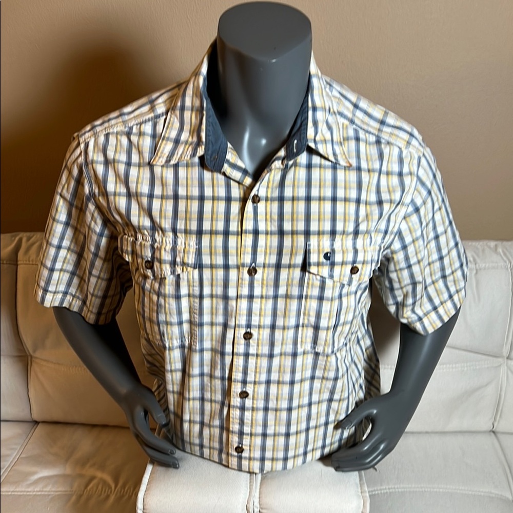Carhartt Men’s Blue and Yellow Casual Button Down Short Sleeve Shirt Size XL